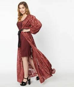 Unique Vintage Burgundy Burnout Rose Hollywood Duster Trending