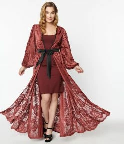 Unique Vintage Burgundy Burnout Rose Hollywood Duster Trending
