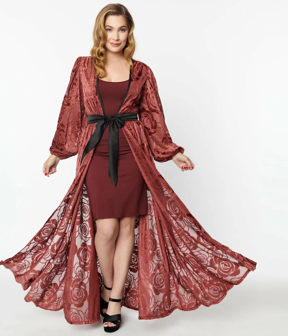 Unique Vintage Burgundy Burnout Rose Hollywood Duster Trending