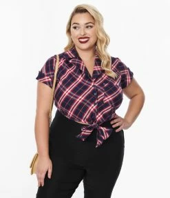 New Arrivals! Unique Vintage Plus Size Navy & Red Plaid Print Shirley Crop Top
