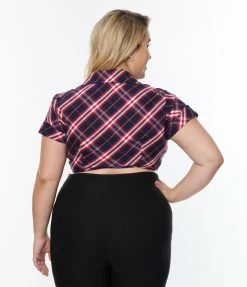 New Arrivals! Unique Vintage Plus Size Navy & Red Plaid Print Shirley Crop Top