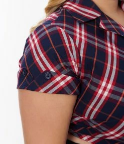 New Arrivals! Unique Vintage Plus Size Navy & Red Plaid Print Shirley Crop Top