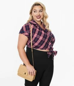 New Arrivals! Unique Vintage Plus Size Navy & Red Plaid Print Shirley Crop Top