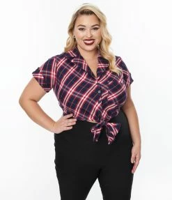 New Arrivals! Unique Vintage Plus Size Navy & Red Plaid Print Shirley Crop Top