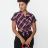 New Arrivals! Unique Vintage Navy & Red Plaid Print Shirley Crop Top