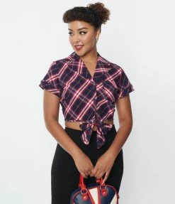 New Arrivals! Unique Vintage Navy & Red Plaid Print Shirley Crop Top