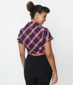 New Arrivals! Unique Vintage Navy & Red Plaid Print Shirley Crop Top