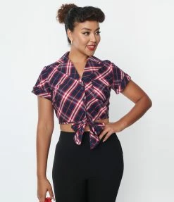 New Arrivals! Unique Vintage Navy & Red Plaid Print Shirley Crop Top
