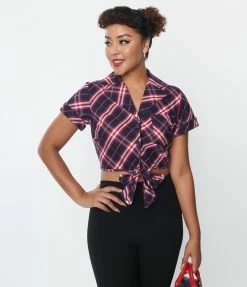 New Arrivals! Unique Vintage Navy & Red Plaid Print Shirley Crop Top