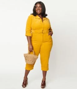Trending Unique Vintage Plus Size Mustard Corduroy Trixie Jumpsuit