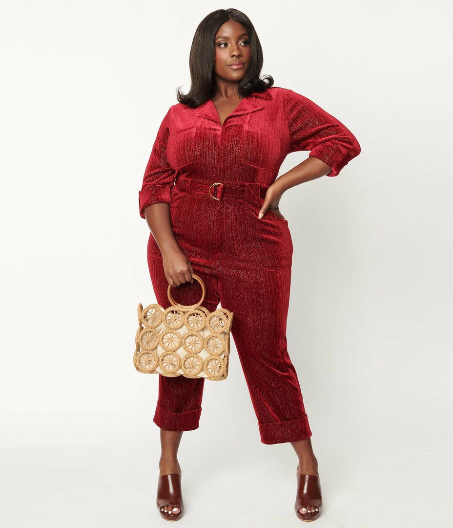 Unique Vintage Plus Size Burgundy Velvet Shimmer Trixie Jumpsuit Trending