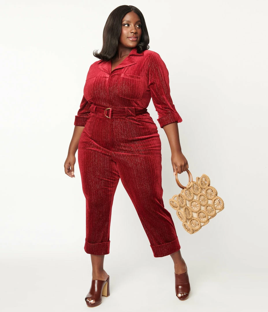Unique Vintage Plus Size Burgundy Velvet Shimmer Trixie Jumpsuit Trending