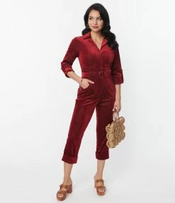 Unique Vintage Burgundy Velvet Shimmer Trixie Jumpsuit New Arrivals!