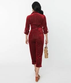 Unique Vintage Burgundy Velvet Shimmer Trixie Jumpsuit New Arrivals!