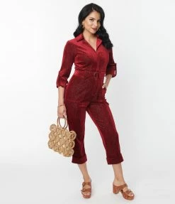 Unique Vintage Burgundy Velvet Shimmer Trixie Jumpsuit New Arrivals!