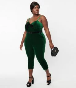 Unique Vintage Plus Size Emerald Velvet Cropped Jumpsuit Clothing