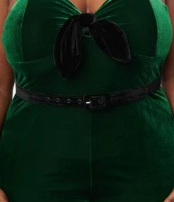 Unique Vintage Plus Size Emerald Velvet Cropped Jumpsuit Clothing