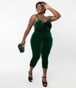 Unique Vintage Plus Size Emerald Velvet Cropped Jumpsuit Clothing