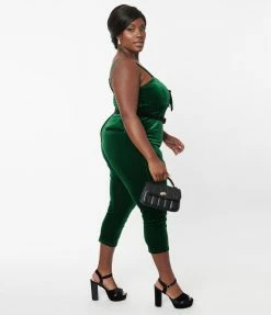 Unique Vintage Plus Size Emerald Velvet Cropped Jumpsuit Clothing
