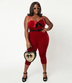 Clothing Unique Vintage Plus Size Burgundy Velvet Cropped Jumpsuit