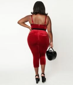 Clothing Unique Vintage Plus Size Burgundy Velvet Cropped Jumpsuit