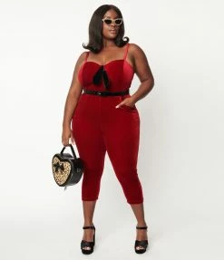 Clothing Unique Vintage Plus Size Burgundy Velvet Cropped Jumpsuit