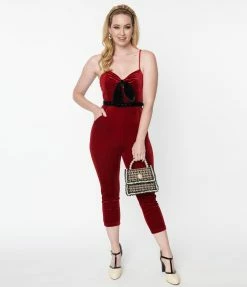 Unique Vintage Burgundy Velvet Cropped Jumpsuit