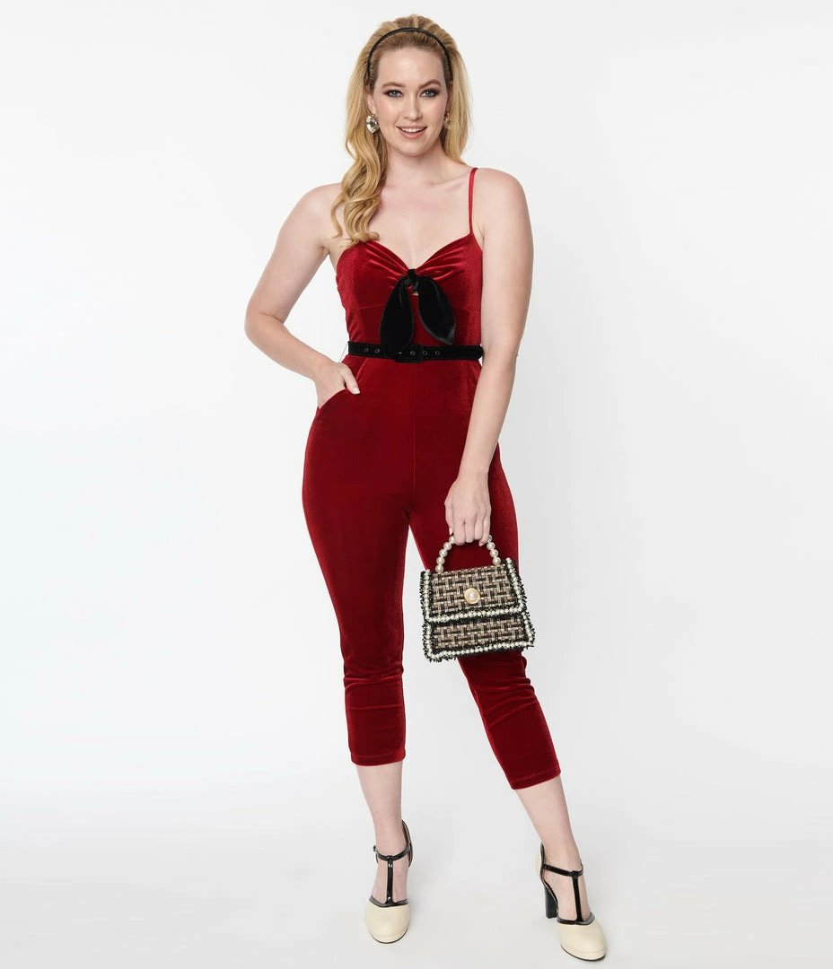 Unique Vintage Burgundy Velvet Cropped Jumpsuit