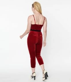 Unique Vintage Burgundy Velvet Cropped Jumpsuit