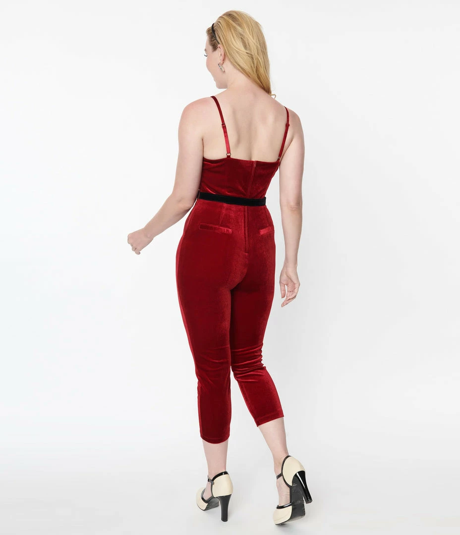 Unique Vintage Burgundy Velvet Cropped Jumpsuit