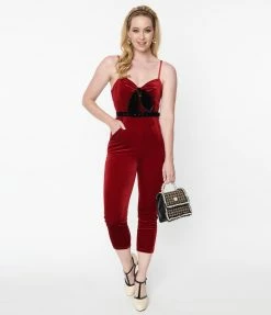 Unique Vintage Burgundy Velvet Cropped Jumpsuit