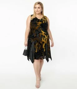 Clothing Unique Vintage Plus Size 1920s Black & Gold Velvet Floral Burnout Hemingway Flapper Dress