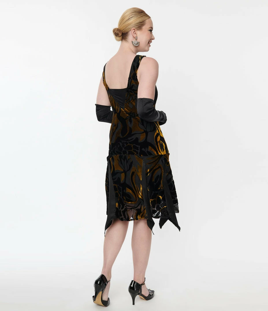 Clothing Unique Vintage 1920s Black & Gold Velvet Floral Burnout Hemingway Flapper Dress