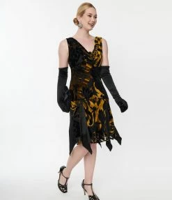 Clothing Unique Vintage 1920s Black & Gold Velvet Floral Burnout Hemingway Flapper Dress