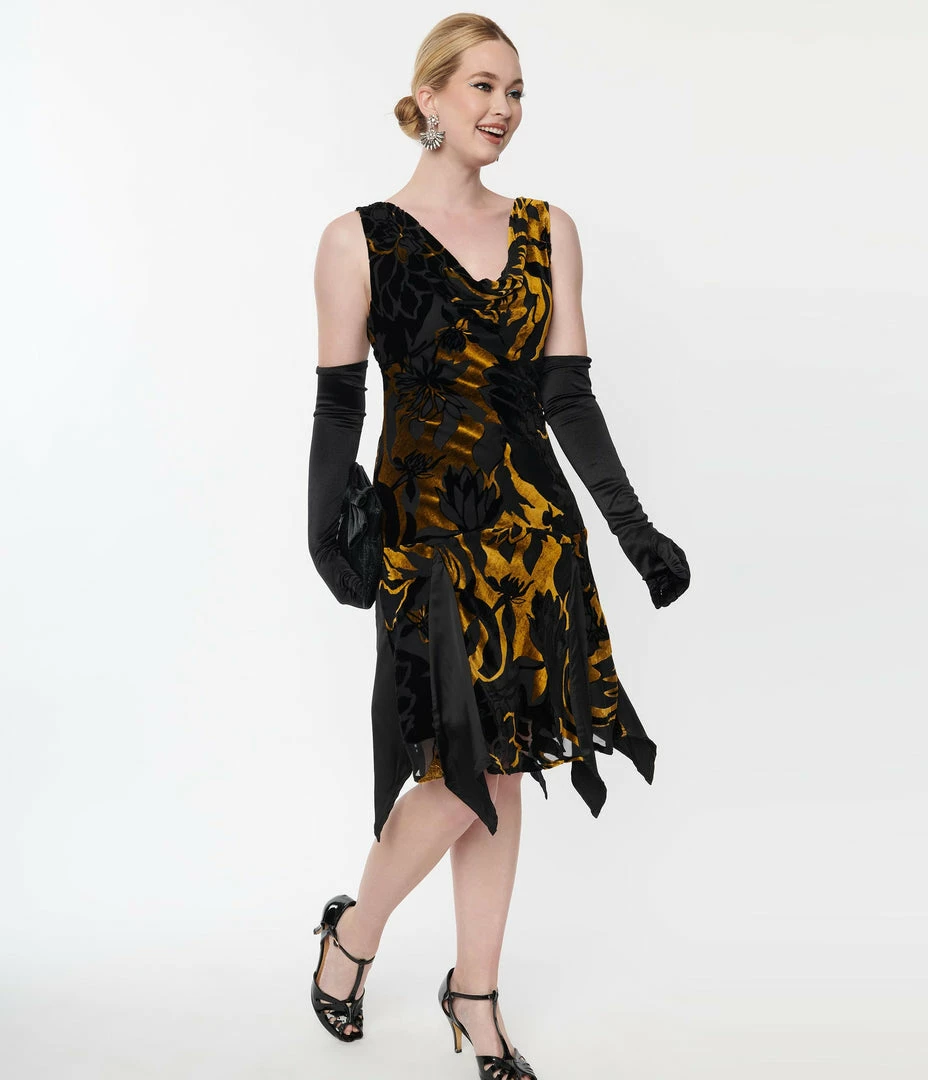 Clothing Unique Vintage 1920s Black & Gold Velvet Floral Burnout Hemingway Flapper Dress