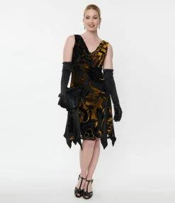 Clothing Unique Vintage 1920s Black & Gold Velvet Floral Burnout Hemingway Flapper Dress