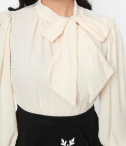 Unique Vintage Ivory Clip Dot Long Sleeve Bow Blouse