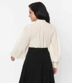 Unique Vintage Ivory Clip Dot Long Sleeve Bow Blouse