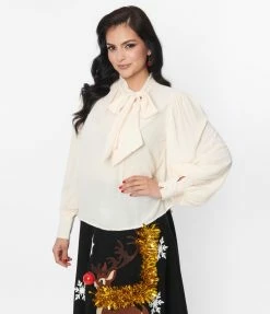 Unique Vintage Ivory Clip Dot Long Sleeve Bow Blouse
