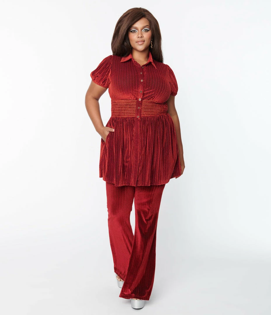 Clothing Smak Parlour Plus Size Burgundy Honeycomb Velvet Flare Pants