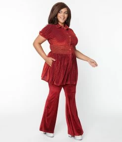 Clothing Smak Parlour Plus Size Burgundy Honeycomb Velvet Flare Pants