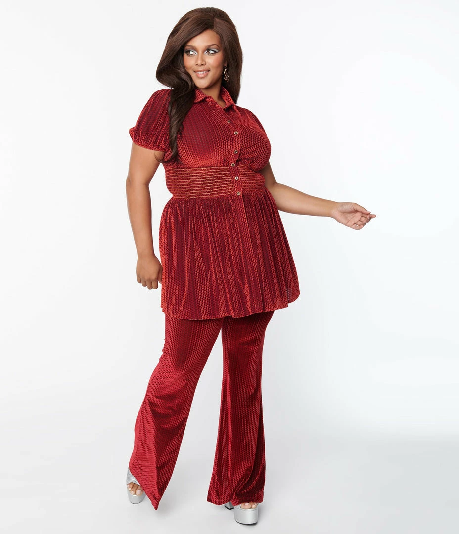 Clothing Smak Parlour Plus Size Burgundy Honeycomb Velvet Flare Pants
