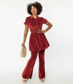 Clothing Smak Parlour Burgundy Honeycomb Velvet Flare Pants