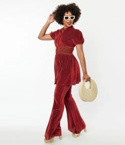 Clothing Smak Parlour Burgundy Honeycomb Velvet Flare Pants