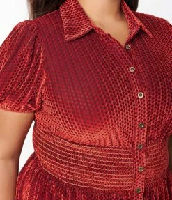 Smak Parlour Plus Size Burgundy Honeycomb Velvet Babydoll Blouse