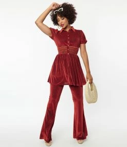 Smak Parlour Burgundy Honeycomb Velvet Babydoll Blouse