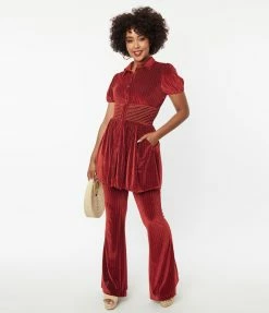 Smak Parlour Burgundy Honeycomb Velvet Babydoll Blouse