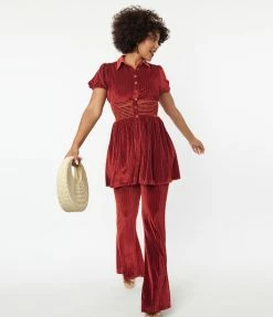 Smak Parlour Burgundy Honeycomb Velvet Babydoll Blouse