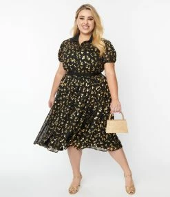 Unique Vintage Plus Size Black & Gold Foil Floral Hollie Swing Dress New Arrivals!