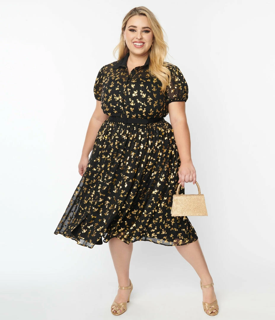 Unique Vintage Plus Size Black & Gold Foil Floral Hollie Swing Dress New Arrivals!